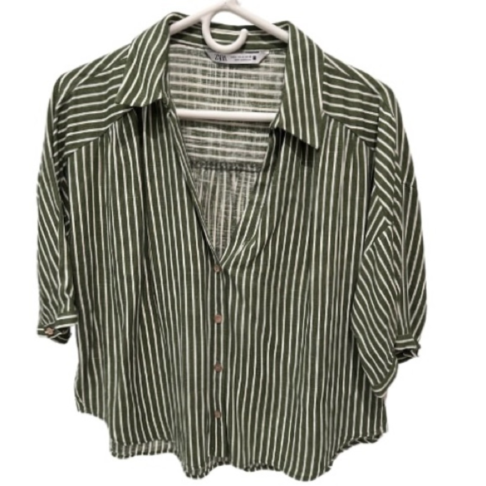 Zara short sleeve olive green stripe button down top M women's